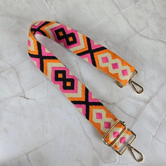 Long Adjustable Woven Purse Strap Cream Pink Orange Black Geometric Pattern - Picture 1 of 8
